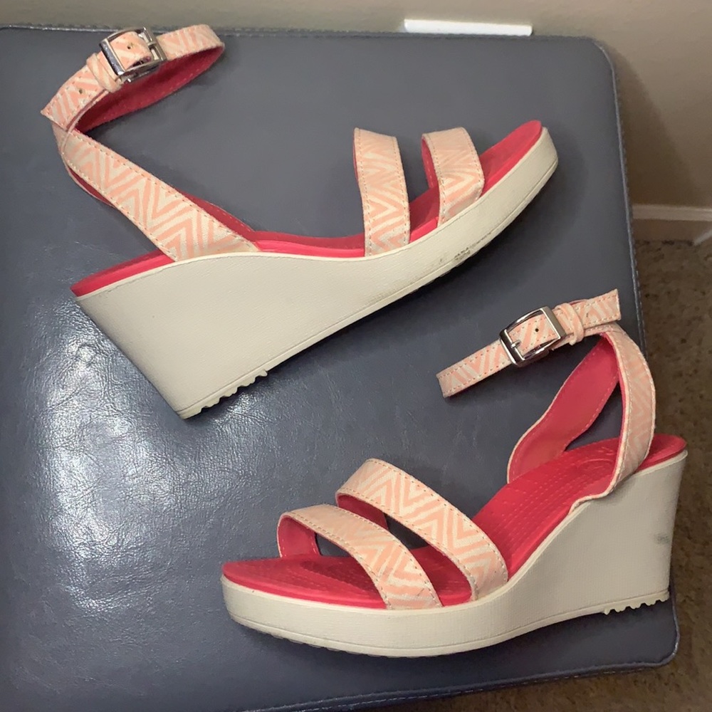 Pink and Tan Wedge Crocs